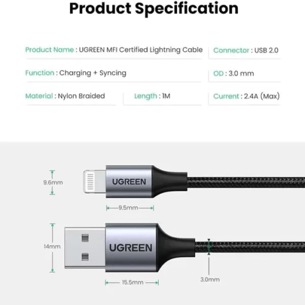 UGREEN US199 (60156) Lightning to USB Cable Aluminum Case with Braided 1m (Black)