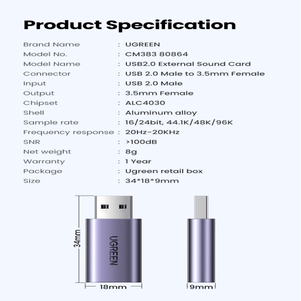 Ugreen USB to Audio Jack USB External Sound Card 3.5mm Audio Adapter