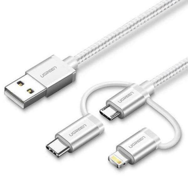 UGREEN US186-80825 Alu Case 1m Braided 3-in-1 Lightning Cable (SILVER)