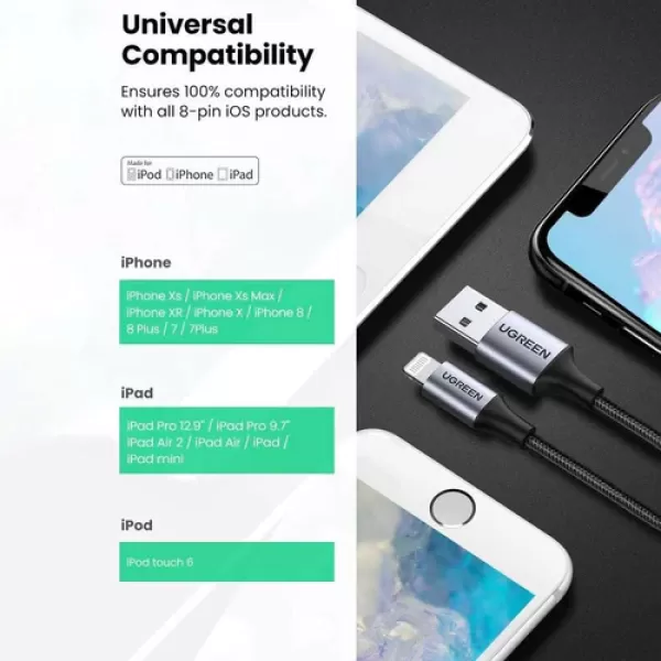 UGREEN US199 (60156) Lightning to USB Cable Aluminum Case with Braided 1m (Black)